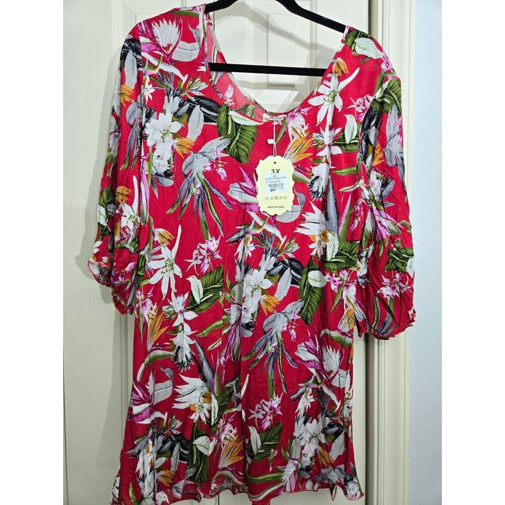 Womens Floral Red Tunic Top 3X By Ace Fashion 100% Rayon Short Sleeves Scoop Nec